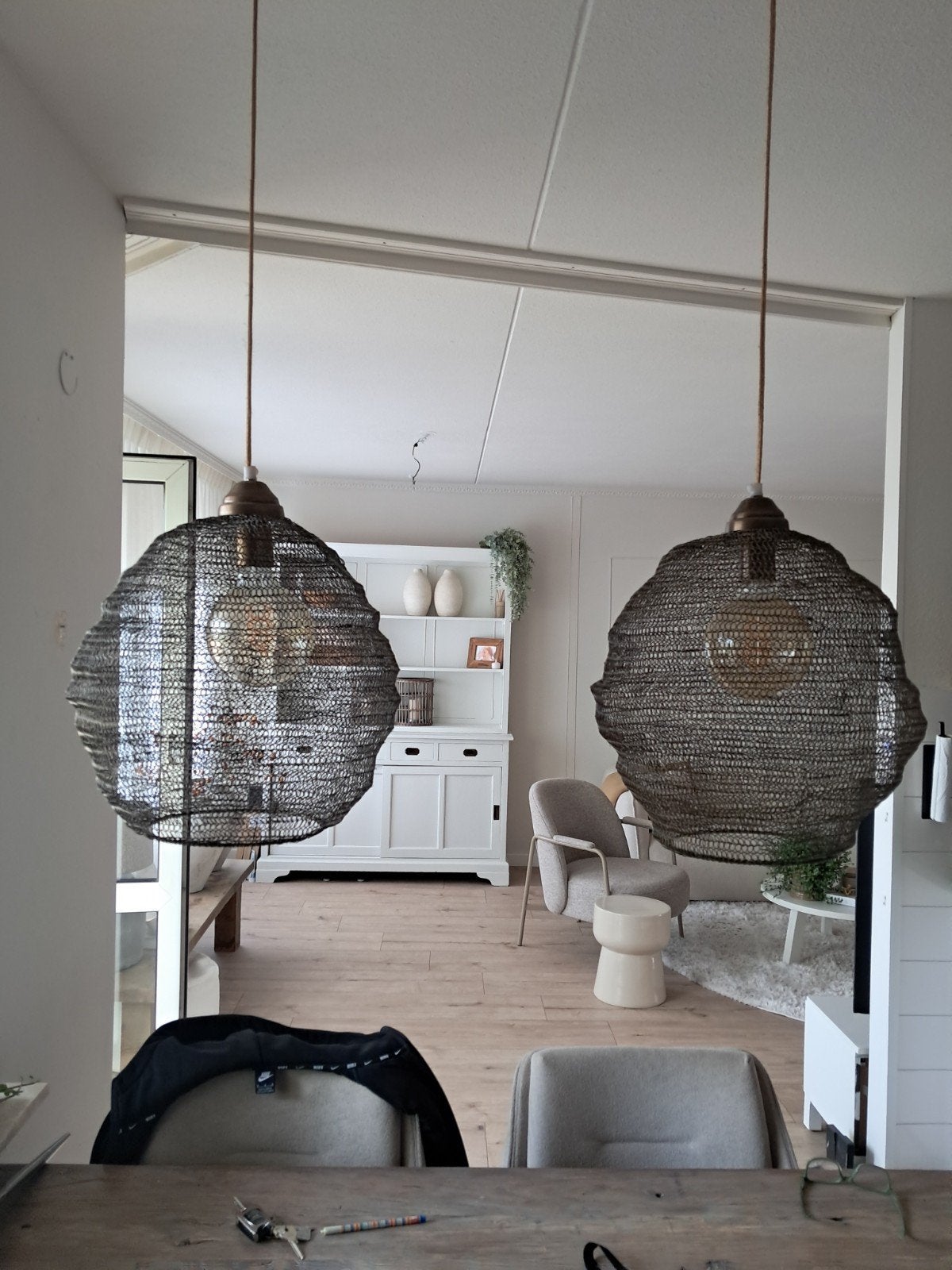 Set van 2 industriële hanglampen met houten balk, Ophalen, Zo goed als nieuw, 75 cm of meer, Industrieel, Modern, Landelijk