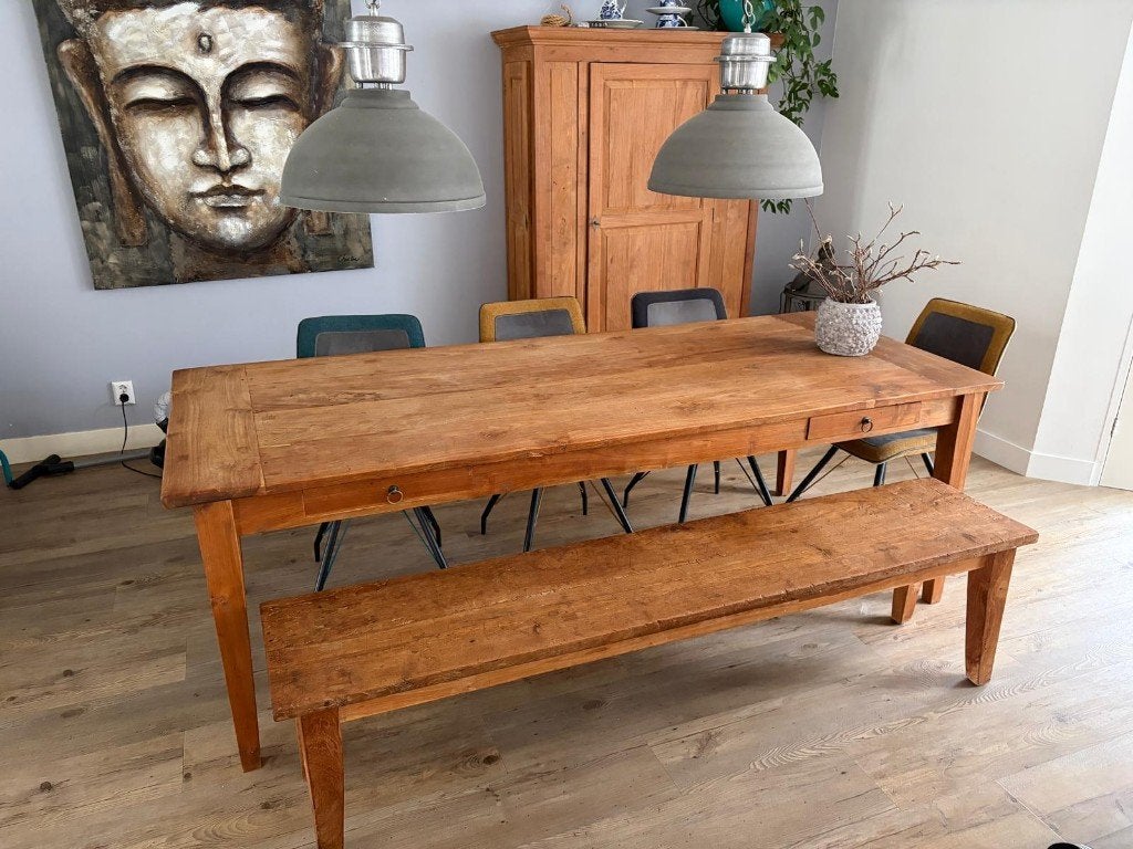 Eettafel (teak) + stoelen + bankje, Ophalen, Gebruikt, Minder dan 10 m²
