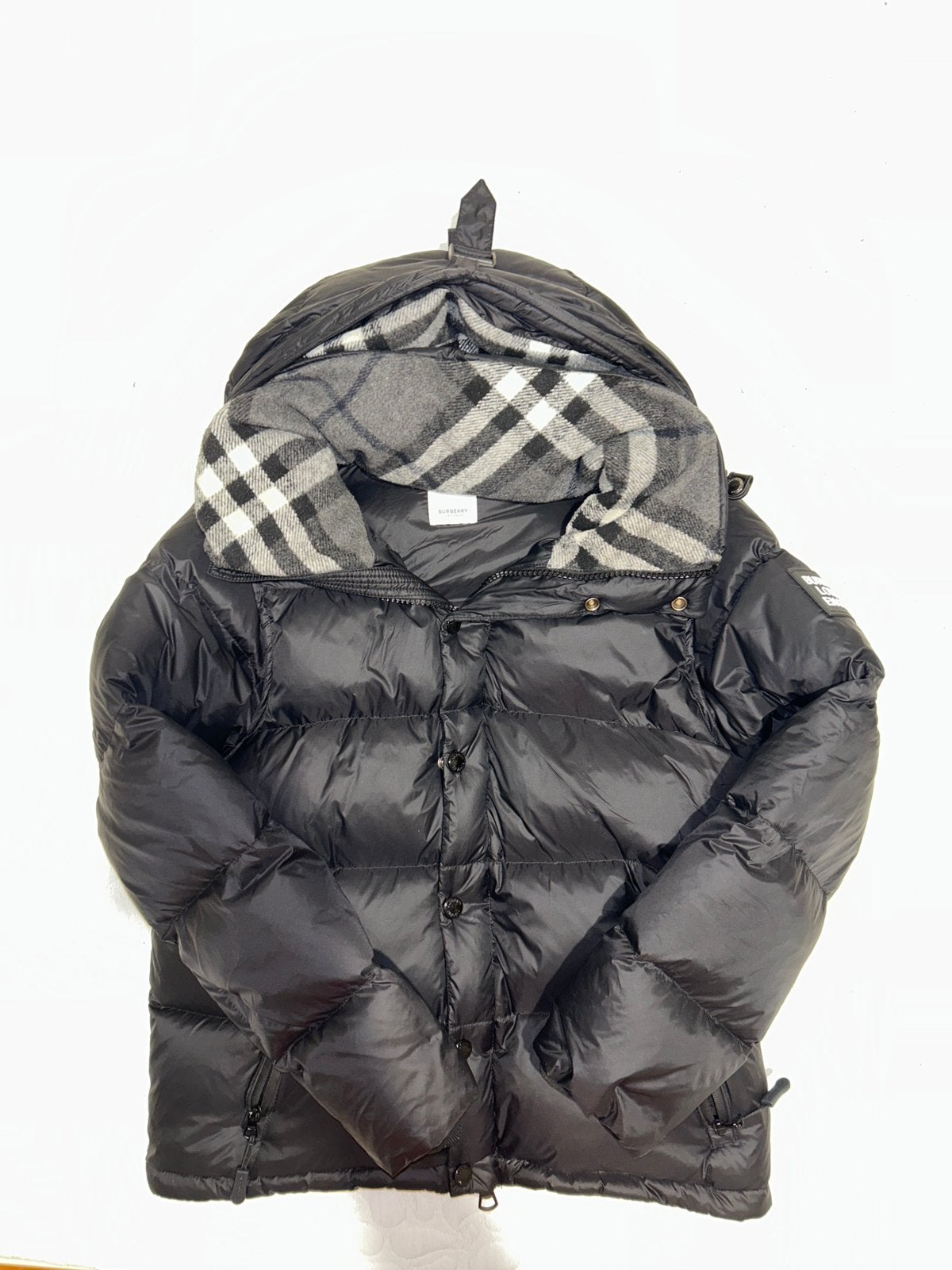 Burberry Puffer Jas Zwart met Geruite Kraag, Kleding | Heren, Jassen | Winter, Ophalen of Verzenden, Zo goed als nieuw, Overige maten