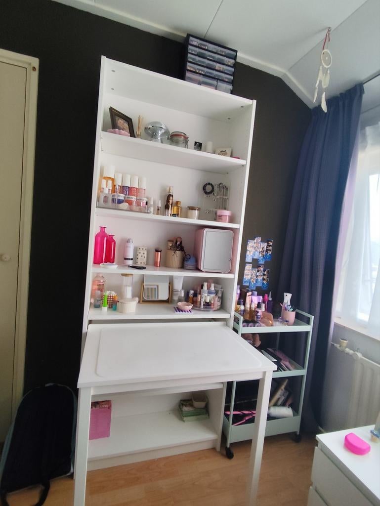 Witte Billy boekenkast met uitschuifbaar bureau, Ophalen, Met plank(en), 200 cm of meer, Modern, Functioneel