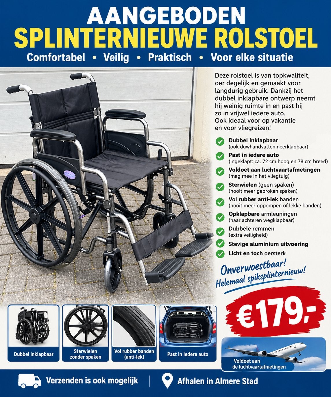 Nieuwe dubbel inklapbare Rolstoel past in iedere auto, Meer info ☎️0️⃣6️⃣➖2️⃣0️⃣9️⃣0️⃣1️⃣0️⃣4️⃣0️⃣, Dubbel inklapbare rolstoel