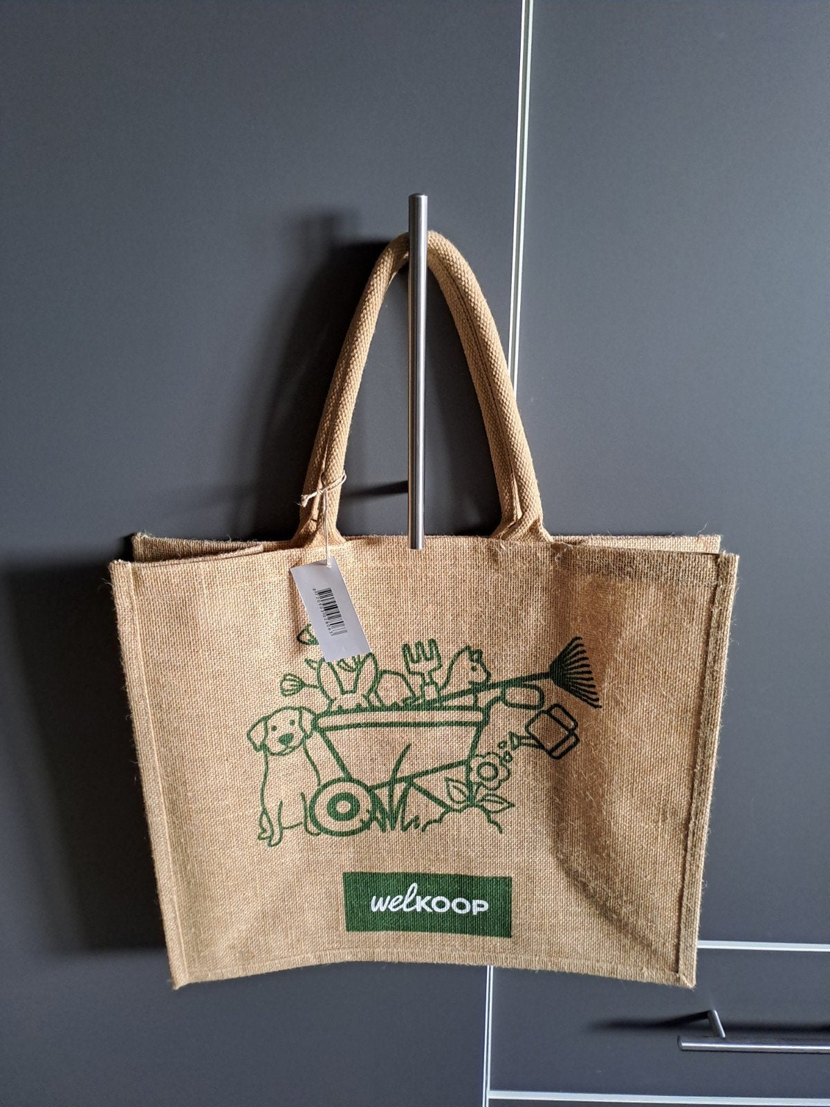 Welkoop jute tas met hond kat konijn tuingereedschap, Ophalen of Verzenden, Nieuw, Shopper