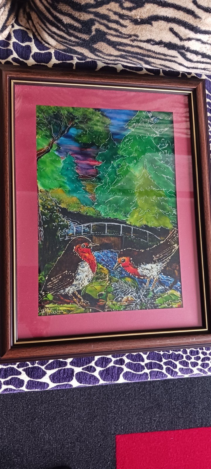 Batik schilderij van vogels bij een brug, Overige stijlen, Doek, Dieren, Ophalen of Verzenden