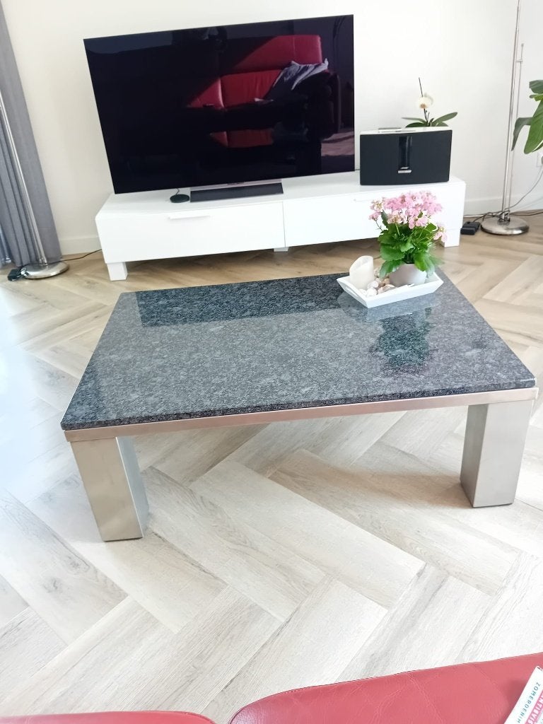 tafeltje roestvrijstaal  met marmer blad z.g.a.n, Metaal of Aluminium, Zo goed als nieuw, 75 cm of meer, Modern