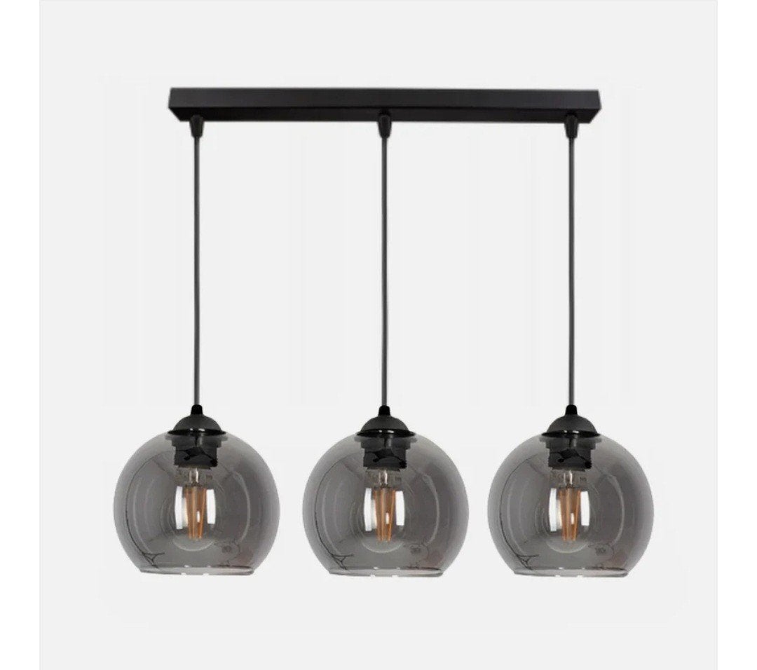 Hanglamp Industrieel 3-Lamps Rechte Montageplaat Smoke Bol, Ophalen of Verzenden, Nieuw, Glas, E27 (groot)