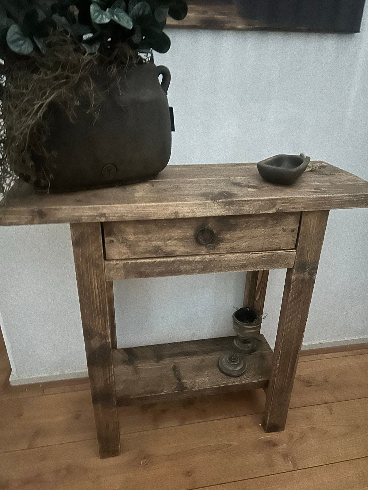 Rustieke houten bijzettafel met lade en plank, Ophalen, Gebruikt, Minder dan 50 cm, Minder dan 25 cm