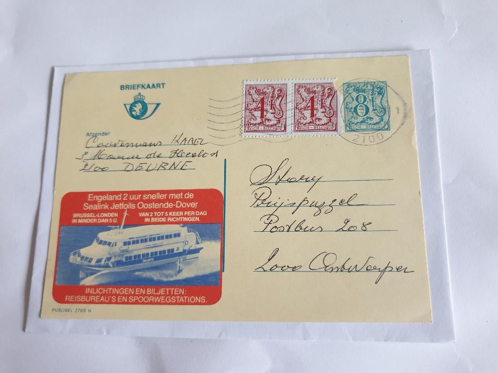 2568 belgie briefkaart met reclame oostende-dover boot, Verzenden