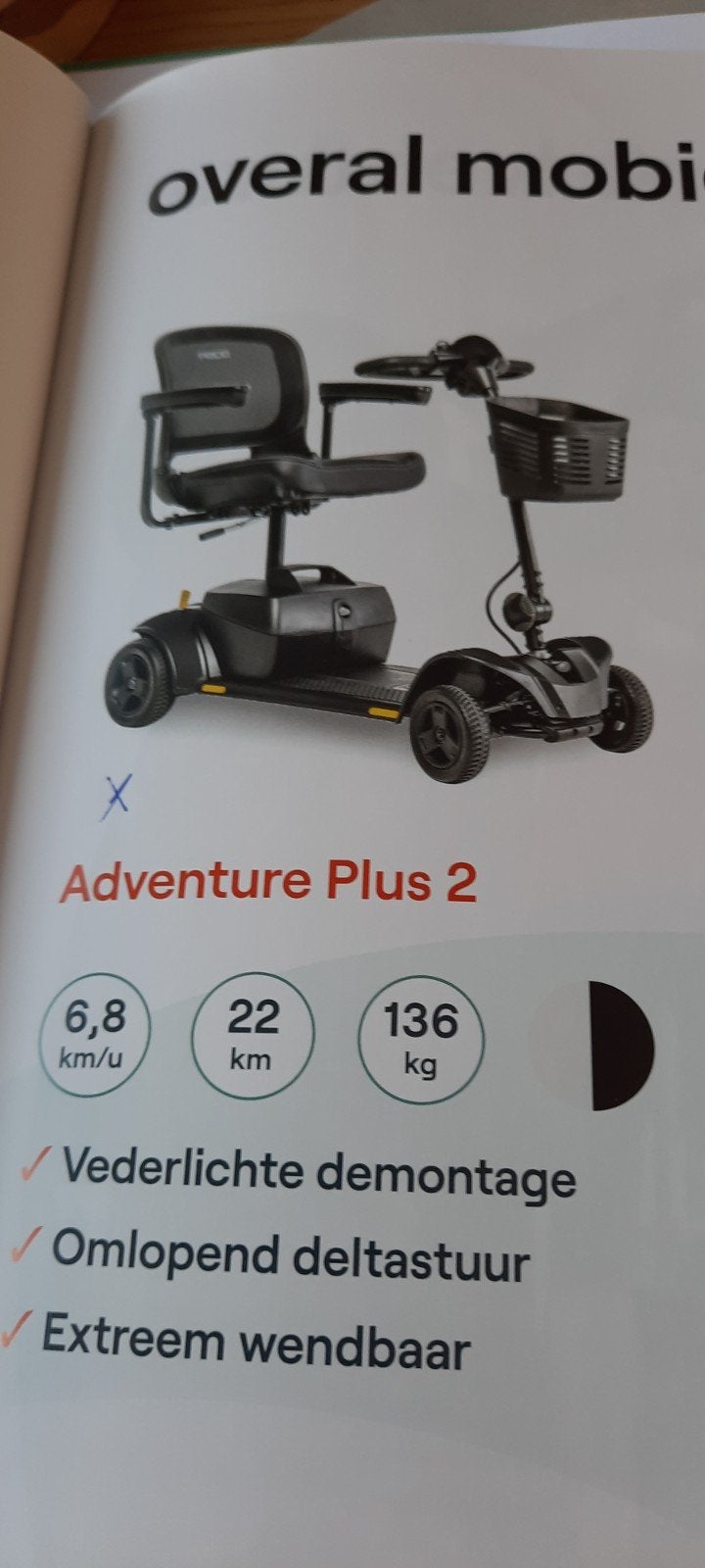 Te koop : Mobilea Adventerer Plus 2 vouwbare scootmobiel, 10 km/u of minder, Ophalen, Overige merken, 26 t/m 35 km