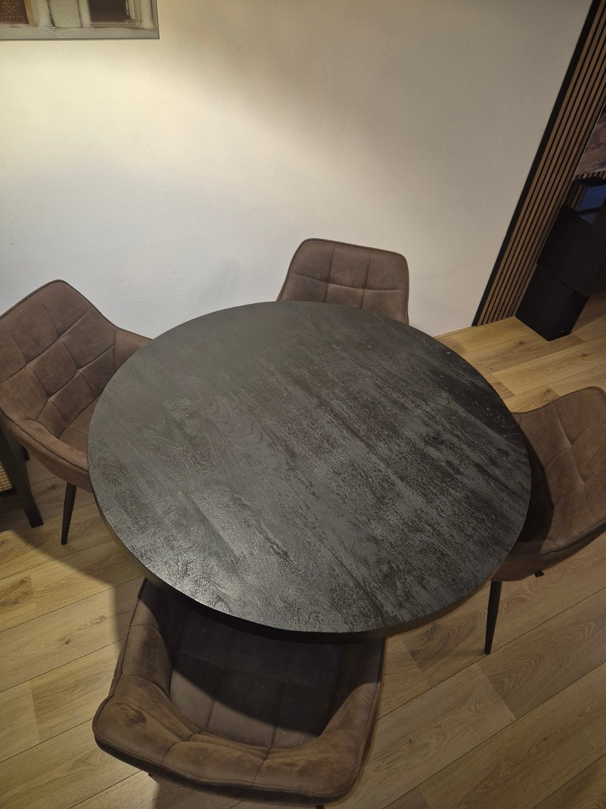 mango eetttafel met dikke blad en 4 stoelen, Huis en Inrichting, Tafels | Eettafels, Gebruikt, Modern, Industrieel, Rond, Vier personen