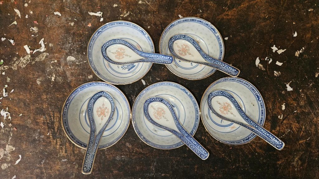 Vintage Chinese rijstkorrel kommetjes met lepels, Ophalen of Verzenden