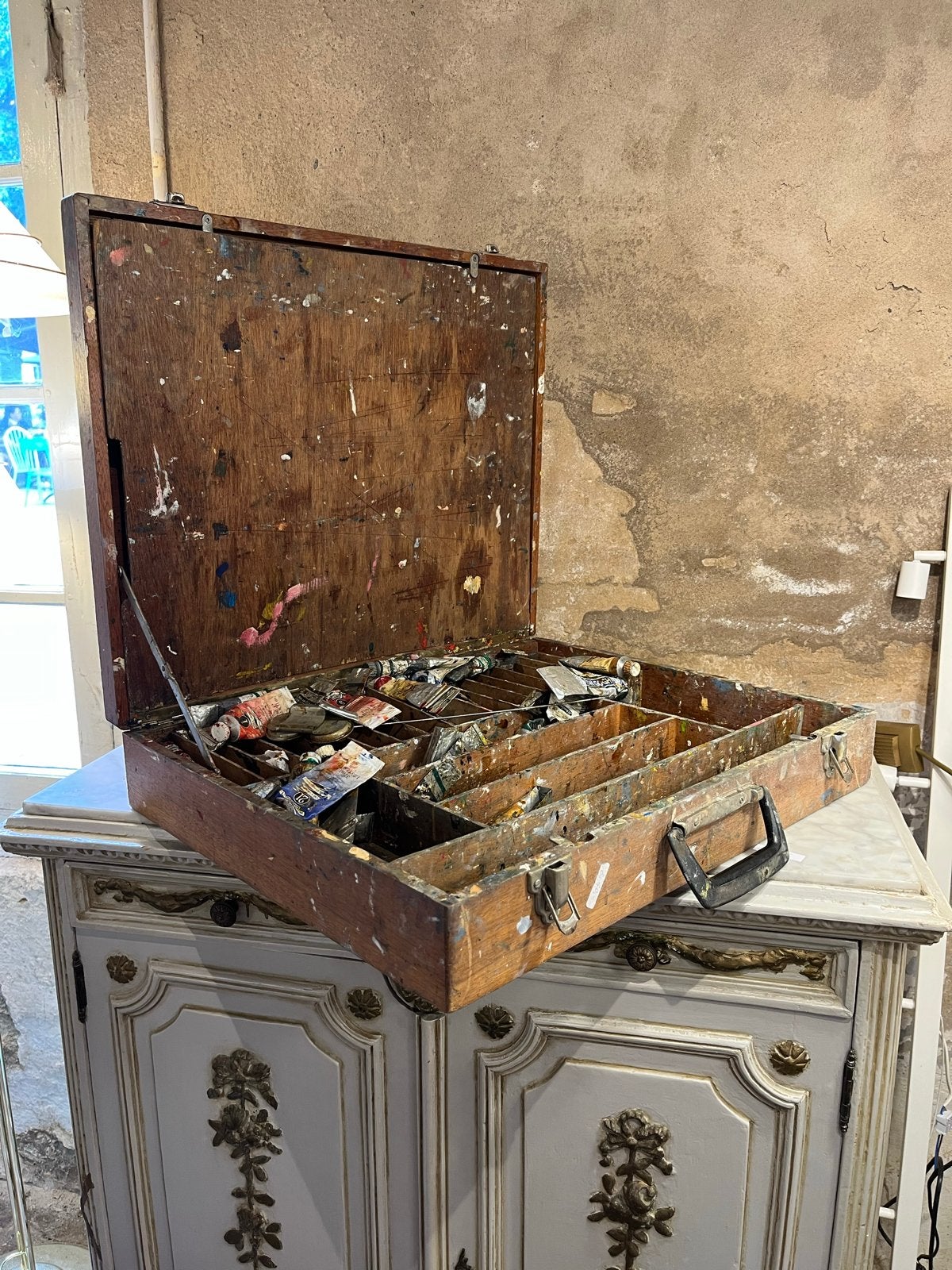 Vintage houten schilderskist met verfbenodigdheden, Ophalen, Gebruikt, Olieverf