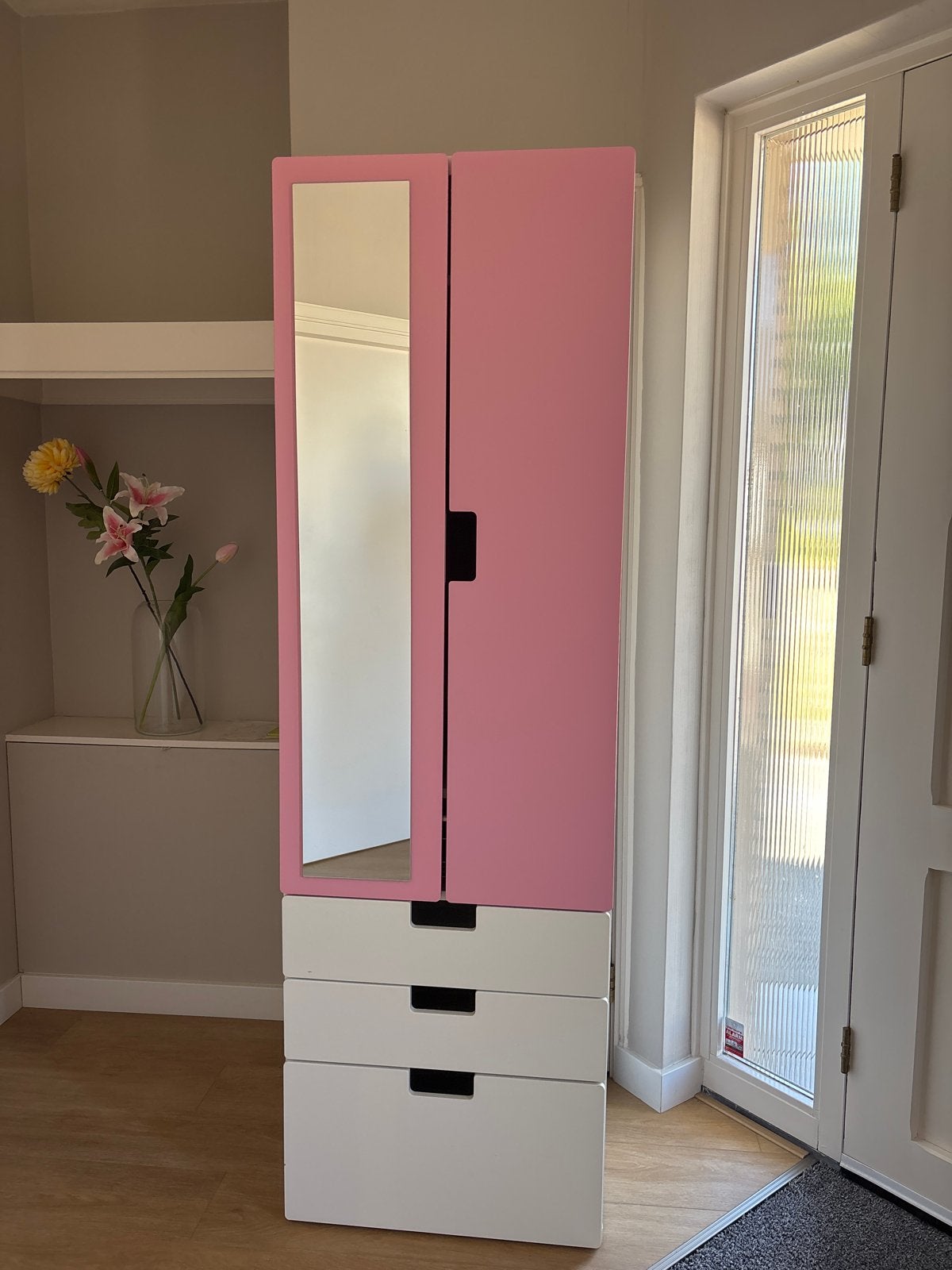 IKEA kast met spiegel en lades - Roze/Wit, Ophalen, Gebruikt, 200 cm of meer, 50 tot 100 cm