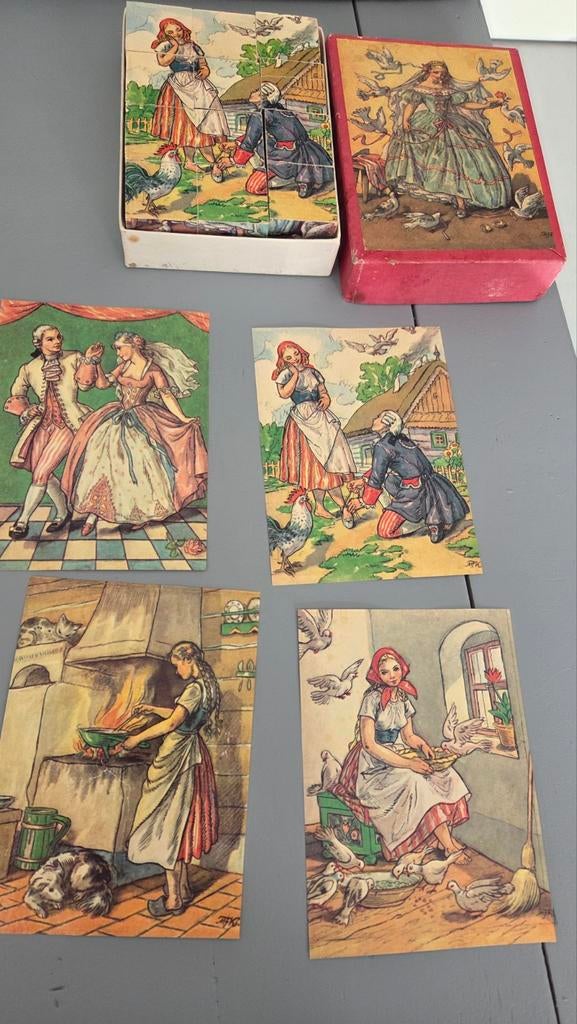 Franse houten 6 delige Assepoester blokken puzzel uit 1934, Antiek en Kunst, Antiek | Speelgoed, Ophalen of Verzenden