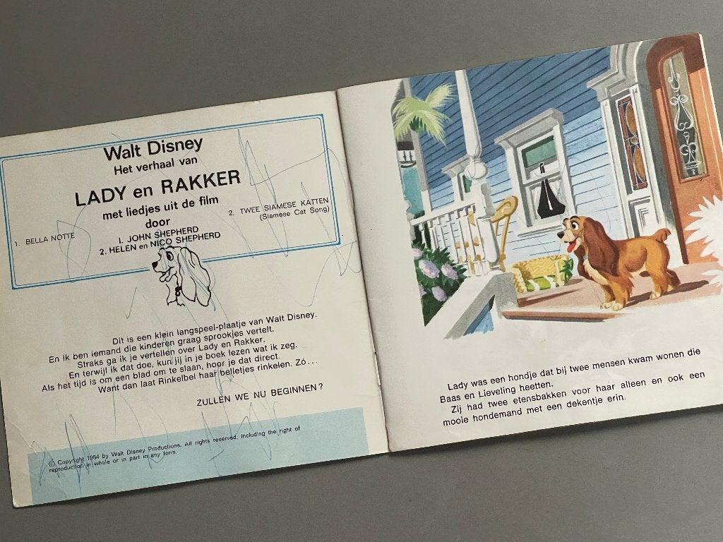 Walt Disney boek + grammafoonplaatje (Lady en Rakker) 1965, Ophalen of Verzenden, Overige figuren, Gebruikt, Overige typen