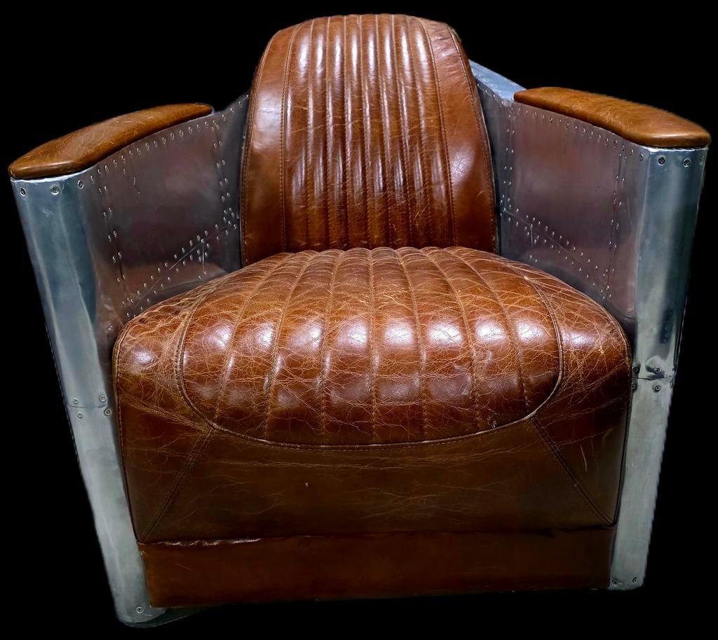Aviator Fauteuil Vintage Leer - GRATIS BEZORGING, Huis en Inrichting, Fauteuils, Gebruikt, Leer, Metaal, 75 tot 100 cm, 75 tot 100 cm