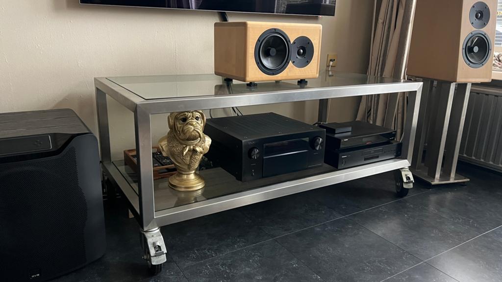 Open meubel RVS glas kast op wielen display audio meubel tv, Ophalen, 150 tot 200 cm, Zo goed als nieuw, Minder dan 100 cm