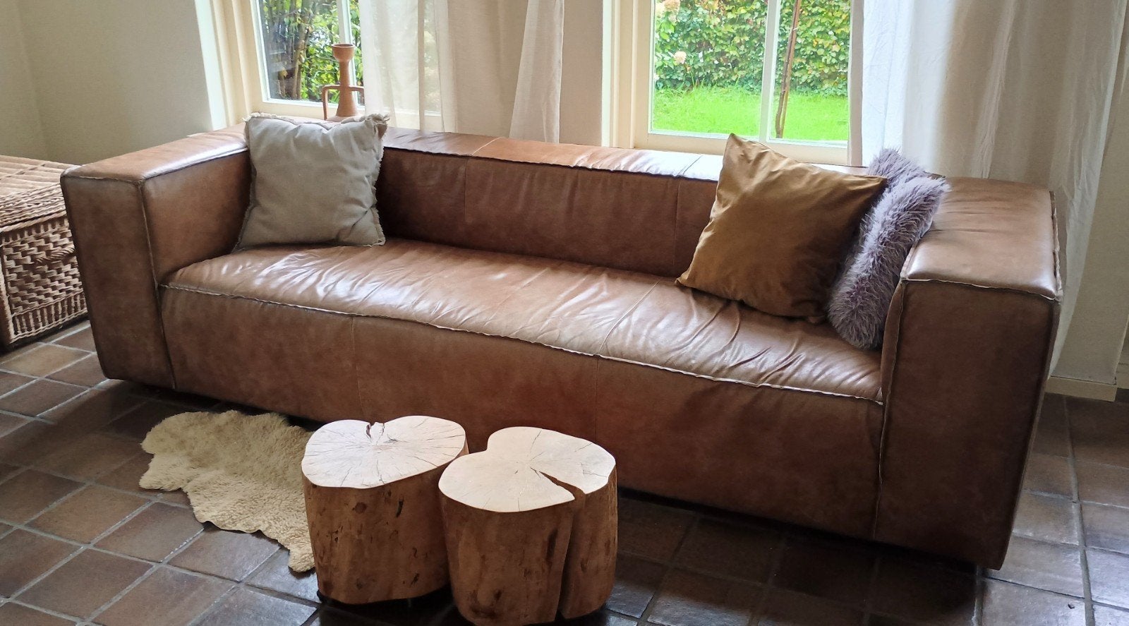 cognac leren bank, Huis en Inrichting, Ophalen, 250 tot 300 cm, Gebruikt, Rechte bank