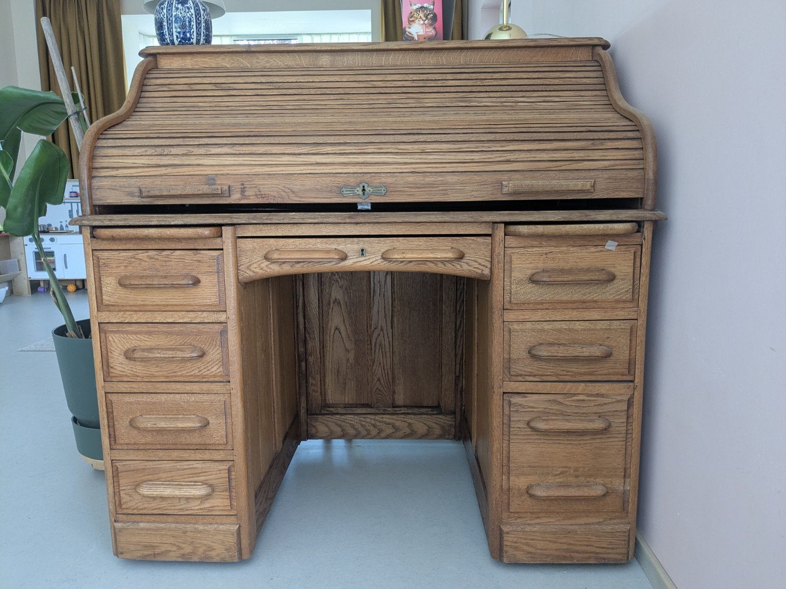 Antiek Eiken Roltop Bureau - Klassiek en Functioneel, Ophalen
