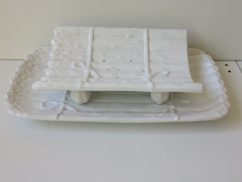 Witte aspergeschaal, asperge uitlekschaal met bord 2-delig, Ophalen of Verzenden, Effen, Aardewerk, Schaal of Schalen