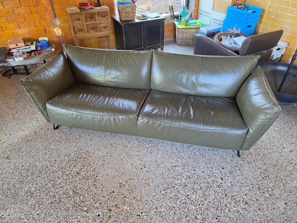 Stijlvolle stoere (olijff) groene leren Jess 2,5 zits bank, Ophalen, Gebruikt, Tweepersoons, 75 tot 100 cm