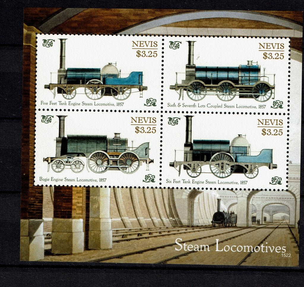 NEVIS 2016 PF BLOK TREINEN SPOORWEGEN RAILROAD TRAINS 1, Ophalen of Verzenden, Postfris, Treinen