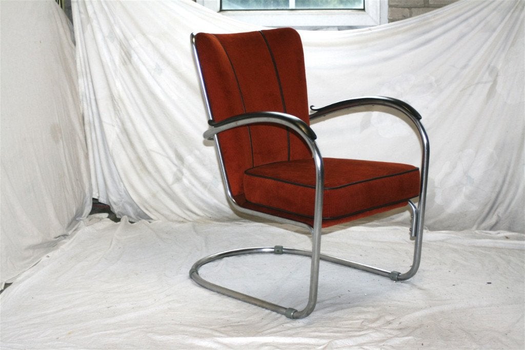 Oude Mat Chroom Jaren '50 Gispen 412 Fauteuil Terra Corduroy, Ophalen, Minder dan 75 cm, Gispen Culemborg, Zo goed als nieuw