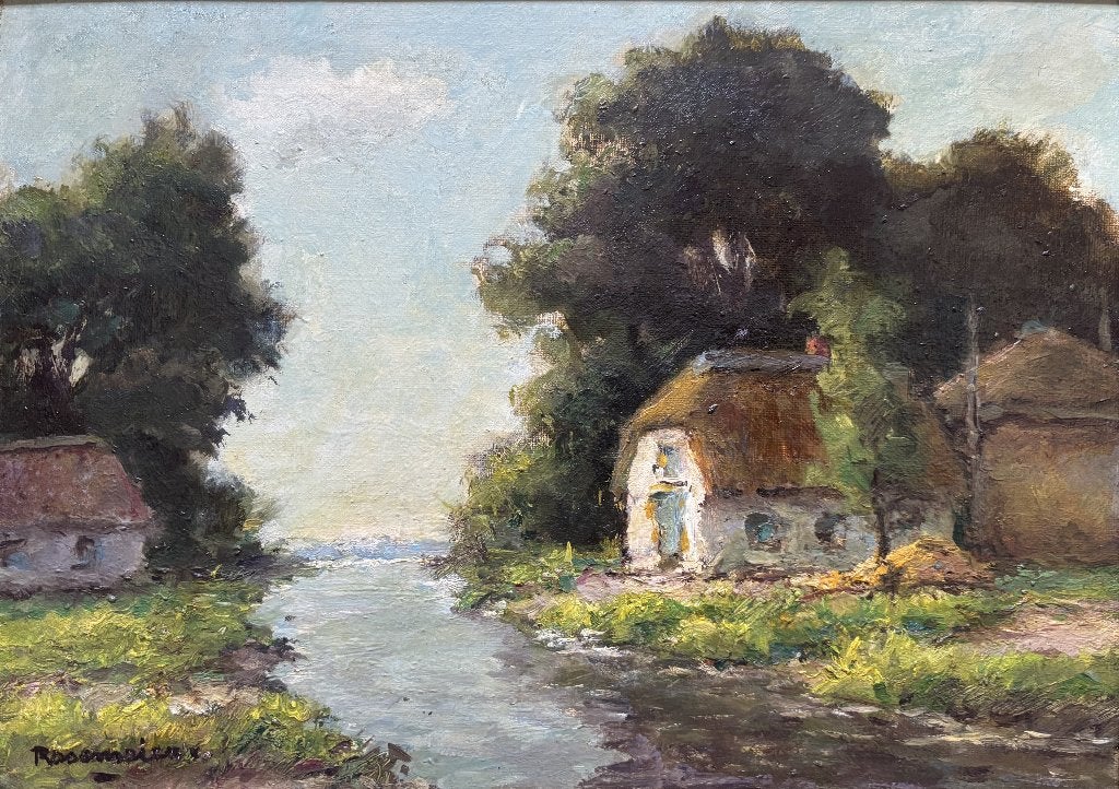 A. C. Rosemeier (1888-1992) - Boerderijen aan het water, Paneel, Ophalen of Verzenden, Gesigneerd, Landschap