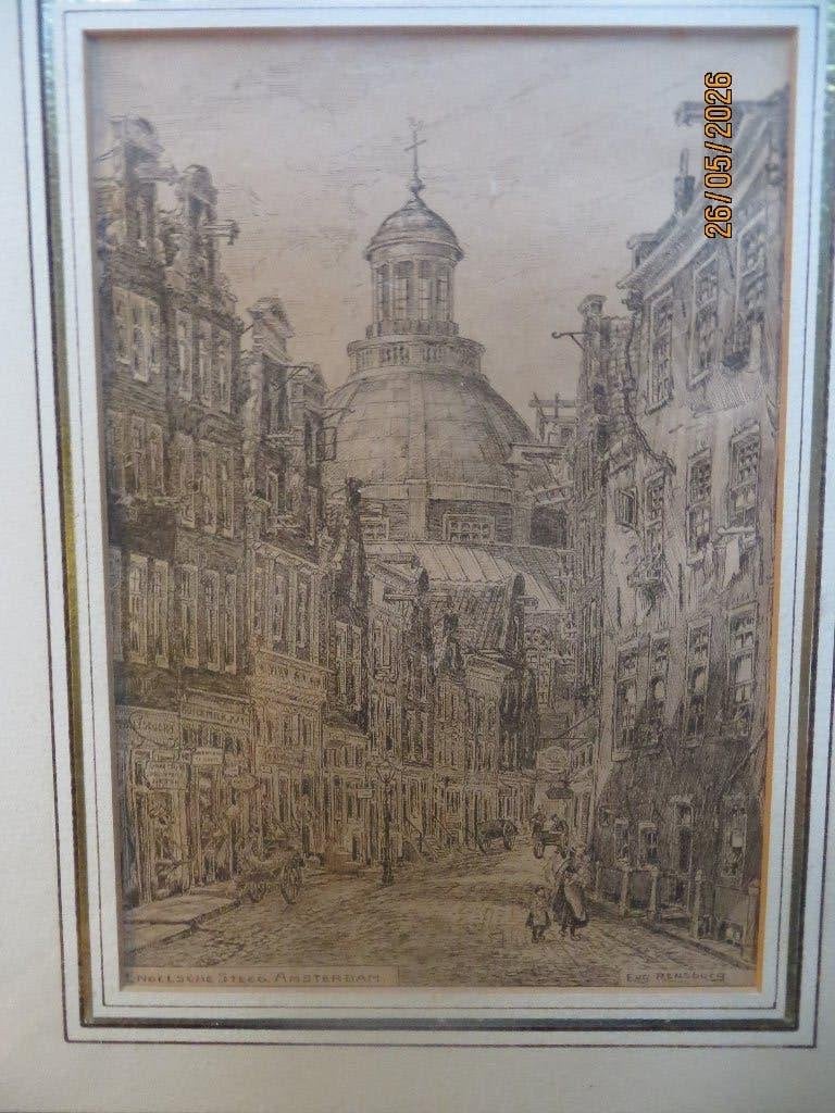 ENGELSESTEEG Amnsterdam, Mooie ets van Eugene RENSBURG, Antiek en Kunst, Kunst | Etsen en Gravures, Ophalen of Verzenden, Stadsgezicht