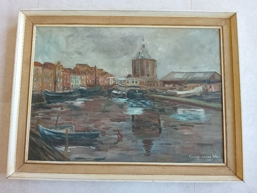 Schilderij; George aan de Wiel ~ Drommedaris te Enkhuizen., Ophalen of Verzenden, Realistisch, Stads- / dorpsgezicht