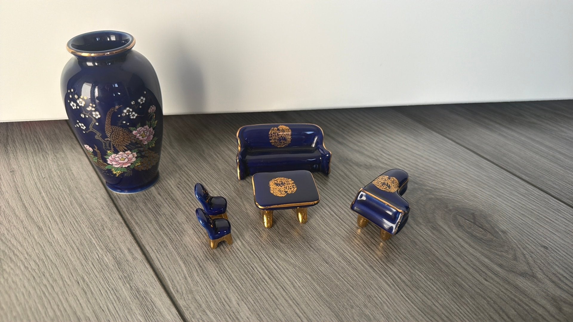 Vintage miniatuur porselein set kobaltblauw goud, Ophalen