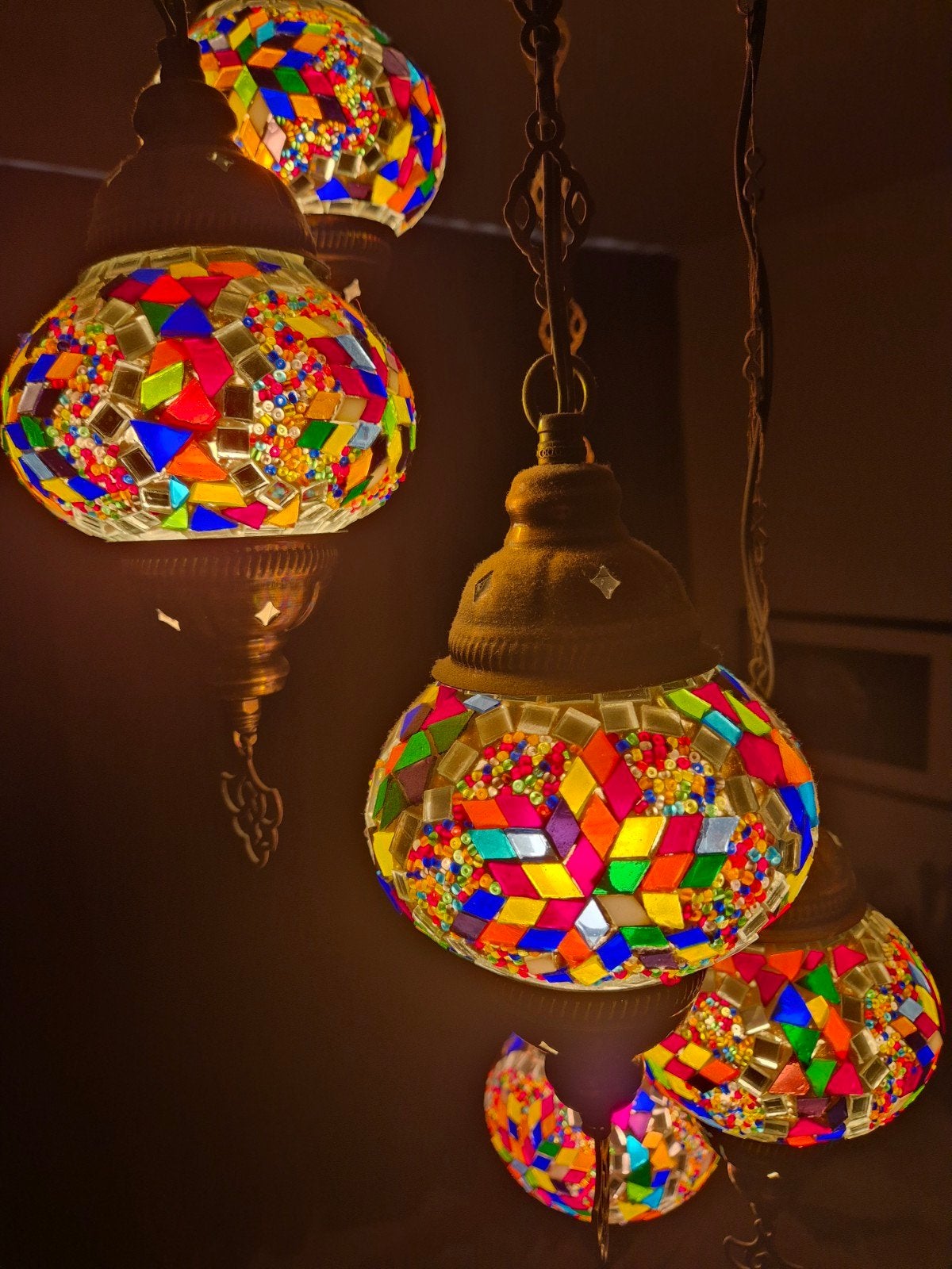 Oosterse hanglamp met 5 mozaïek bollen - 100cm lang, Huis en Inrichting, Lampen | Hanglampen, Gebruikt, Glas, Metaal, E14 (klein)