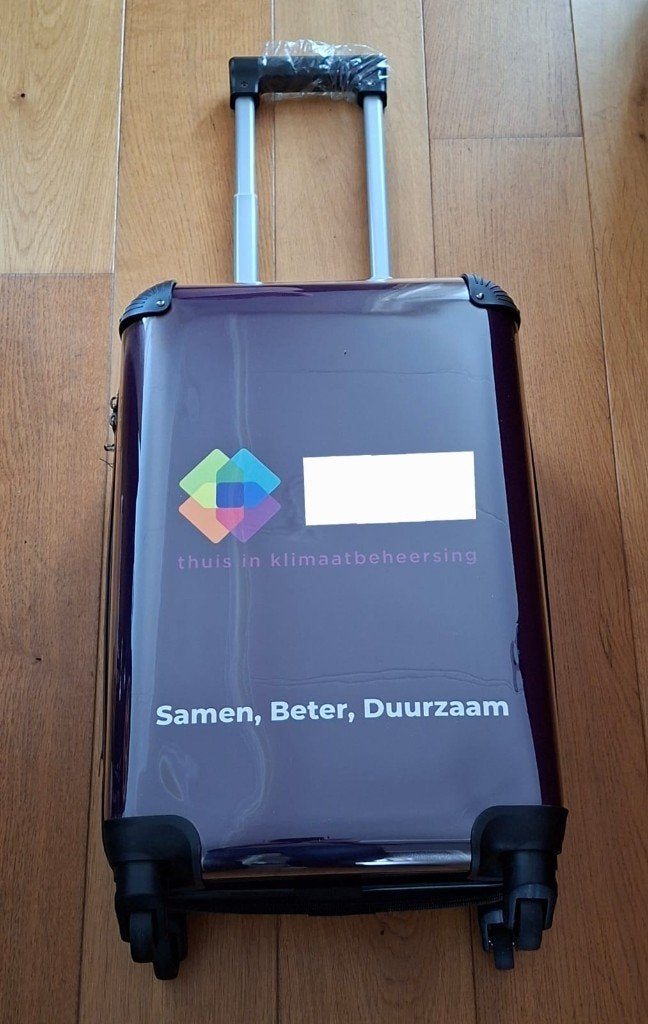 Nieuwe handige reiskoffer met reclame op wieltjes, Wieltjes, 50 tot 60 cm, Hard kunststof, Nieuw