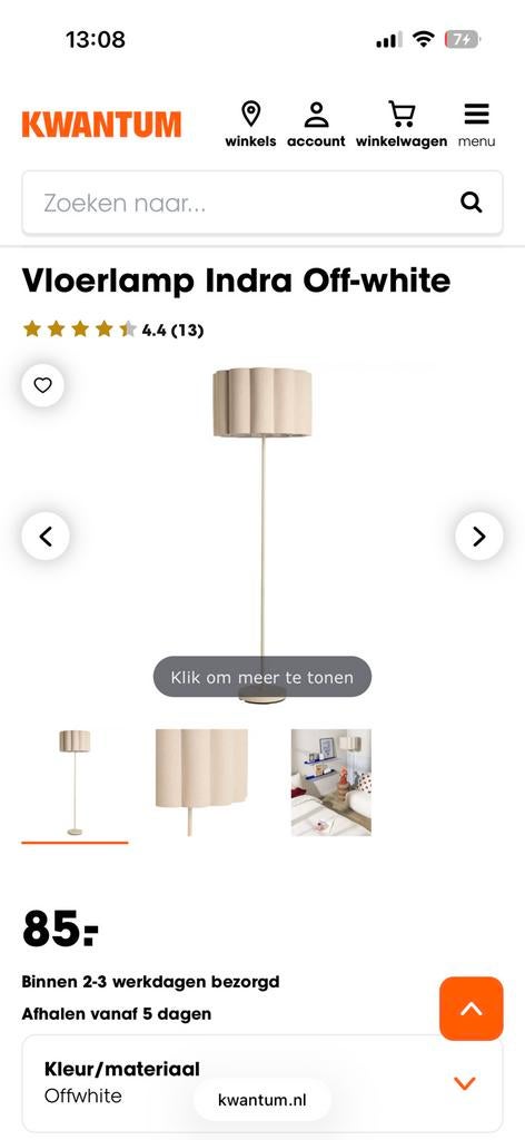 Vloerlamp indra off white, Huis en Inrichting, Lampen | Hanglampen, Ophalen, Zo goed als nieuw, 75 cm of meer