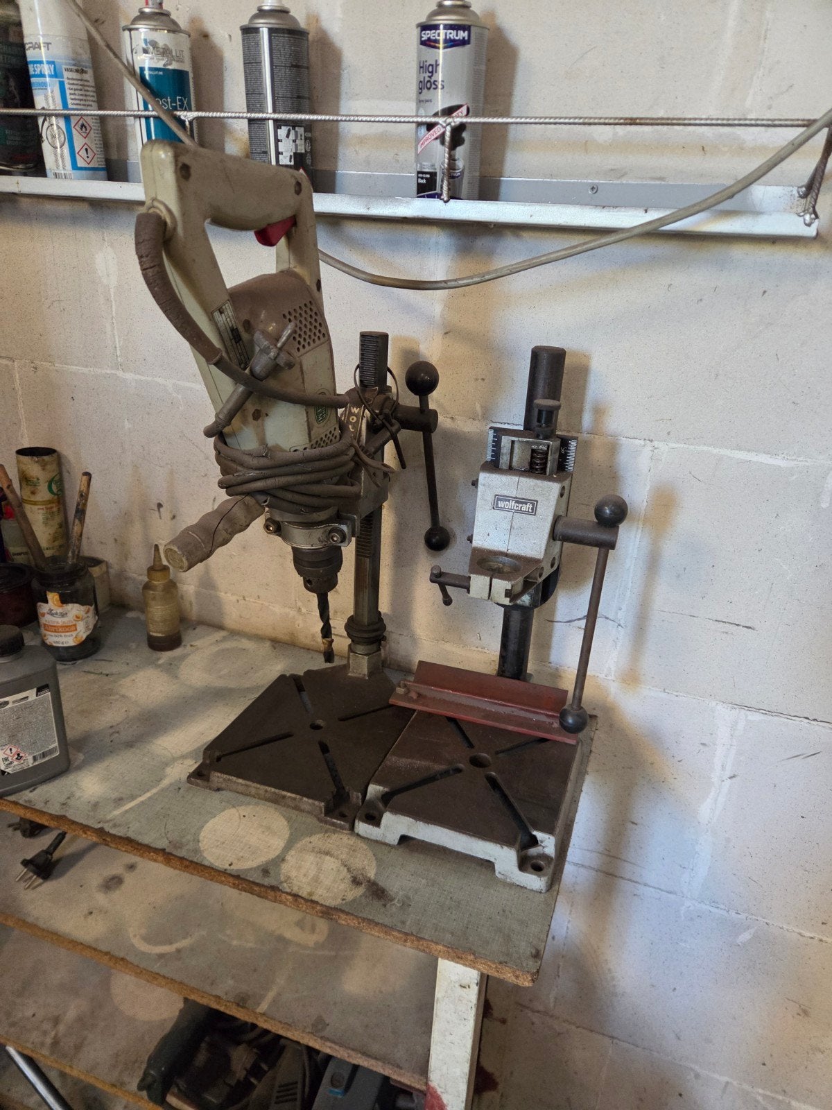 Vintage Boormachine met Boorstandaard - Wolfcraft, Ophalen of Verzenden, Gebruikt, Minder dan 400 watt, Boormachine