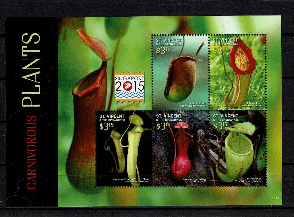 st vincent 2015 pf blok vleesetende planten plants flora 1, Ophalen of Verzenden, Postfris, Dier of Natuur