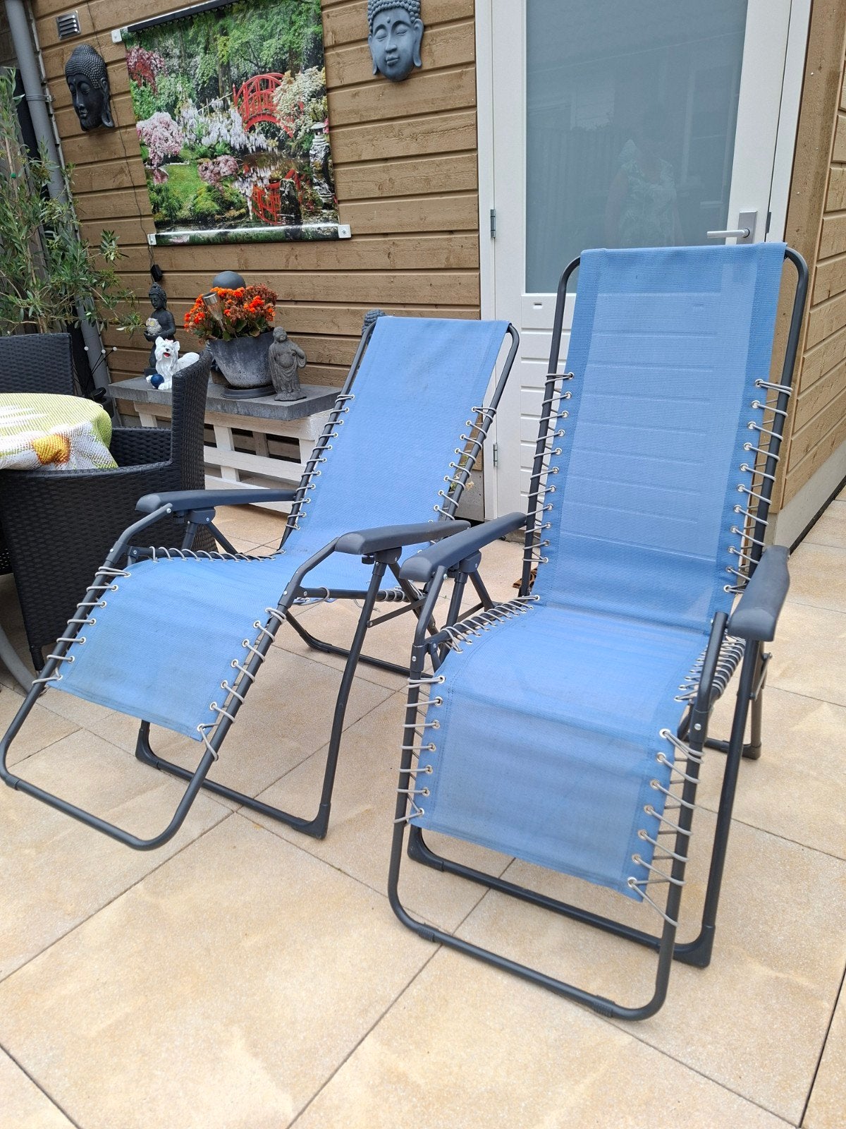 2x Blauwe verstelbare relaxstoelen, Tuin en Terras, Tuinstoelen, Ophalen, Gebruikt, Metaal, Verstelbaar