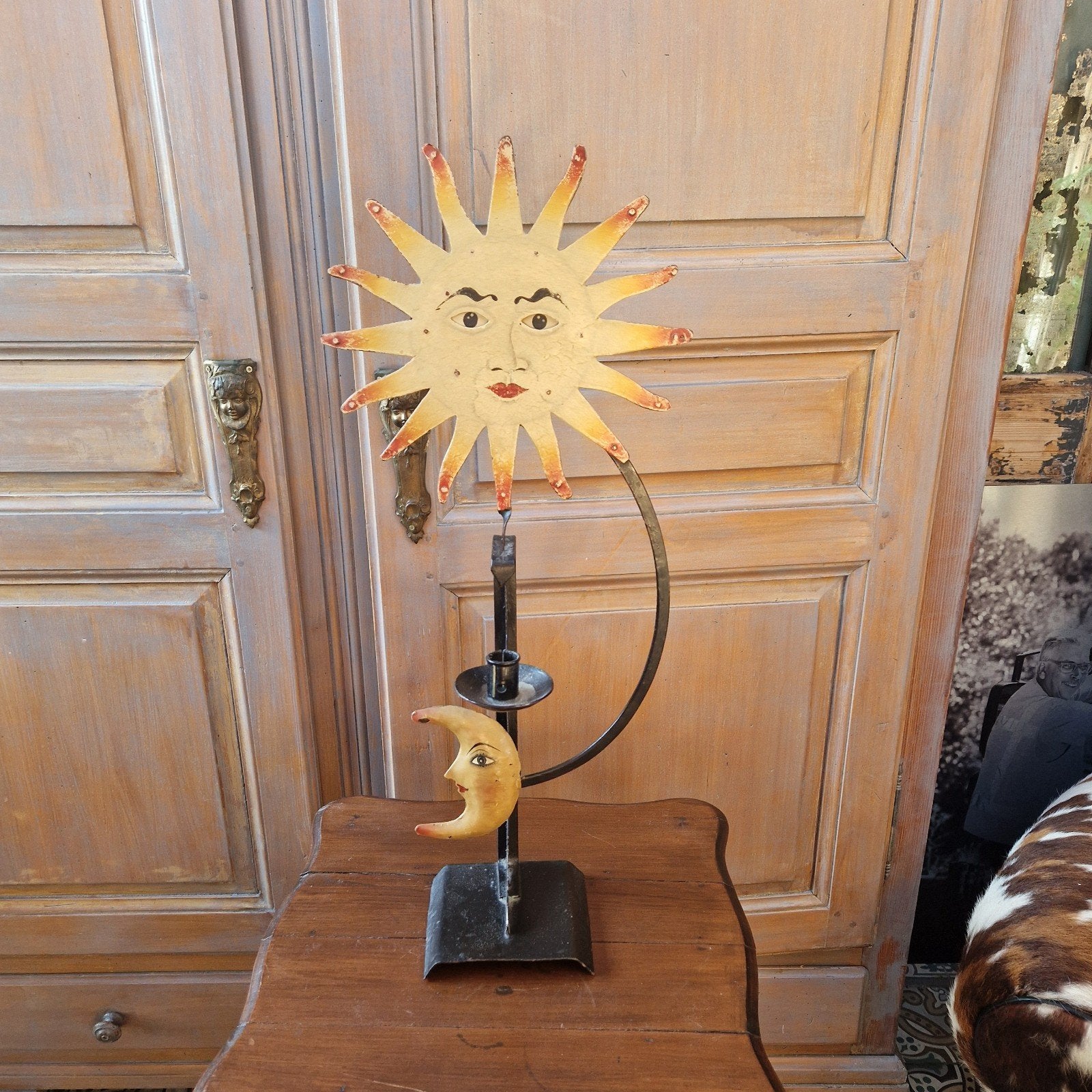 Brocante oude vintage kandelaar metaal zon maan, Ophalen of Verzenden