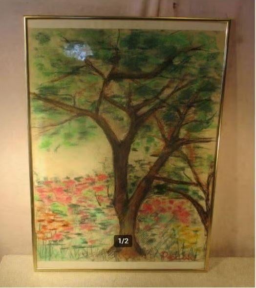 Mooie Tekening 'Boom en Bloemen' - gesigneerd, Antiek en Kunst, Kunst | Tekeningen en Foto's, Ophalen of Verzenden
