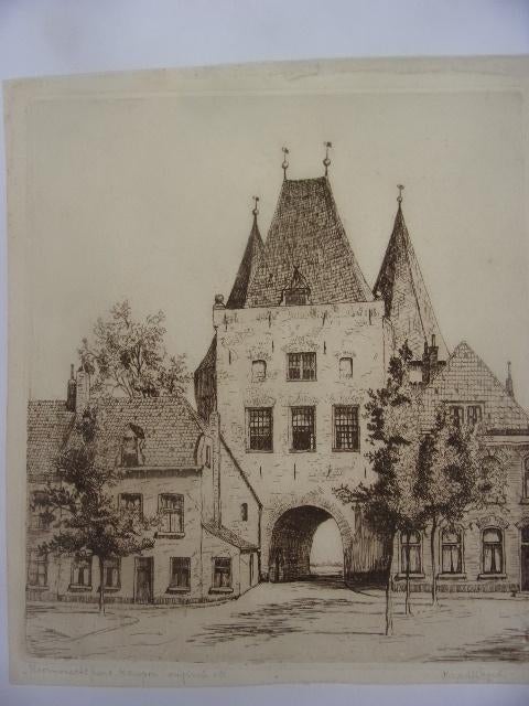 Koornmarktpoort Kampen Originele Ets C.M. van der Woerd, Antiek en Kunst, Kunst | Etsen en Gravures, Ophalen of Verzenden, Origineel