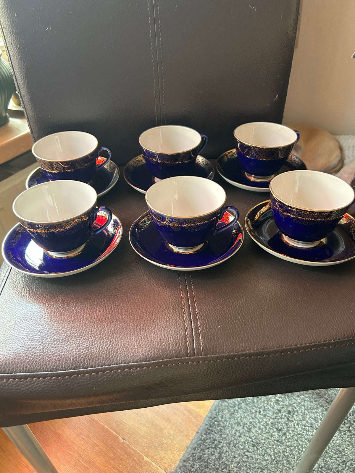 Vintage Russisch porseleinen theeservies - 6 kopjes en schot, Ophalen of Verzenden