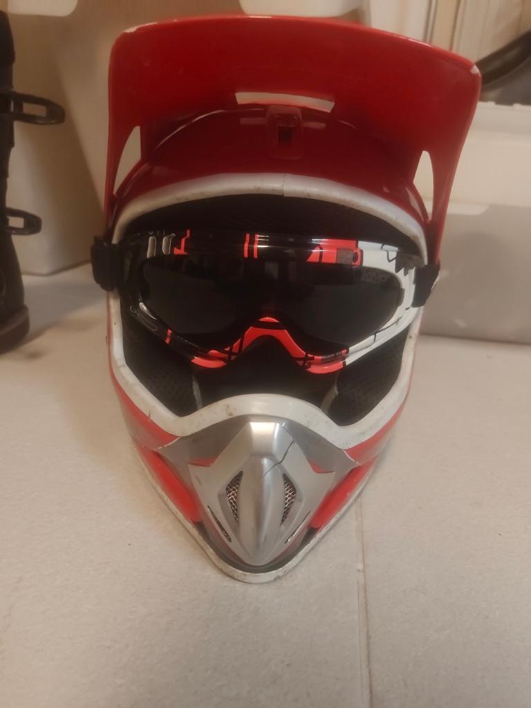 KIMO Offroadhelm met bril - Rood/Wit - Maat xs, Overige merken, XS, Offroadhelm, Dames
