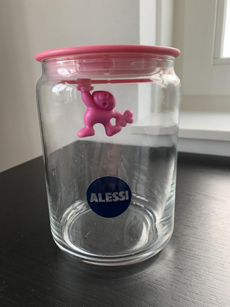 Alessi Gianni Glazen pot Litle man holding on met deksel, Ophalen, Gebruikt, Gebruiksvoorwerp