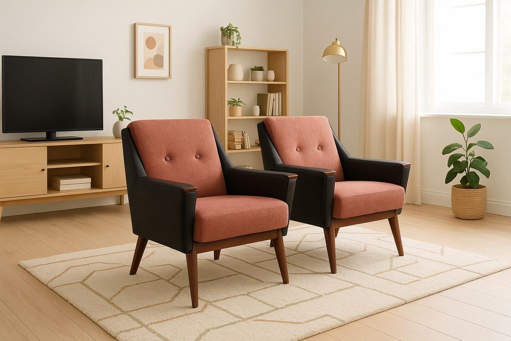 Set van 2 retro vintage fauteuils, skai en wollen stoffering, Ophalen, Gebruikt, Vintage, 75 tot 100 cm