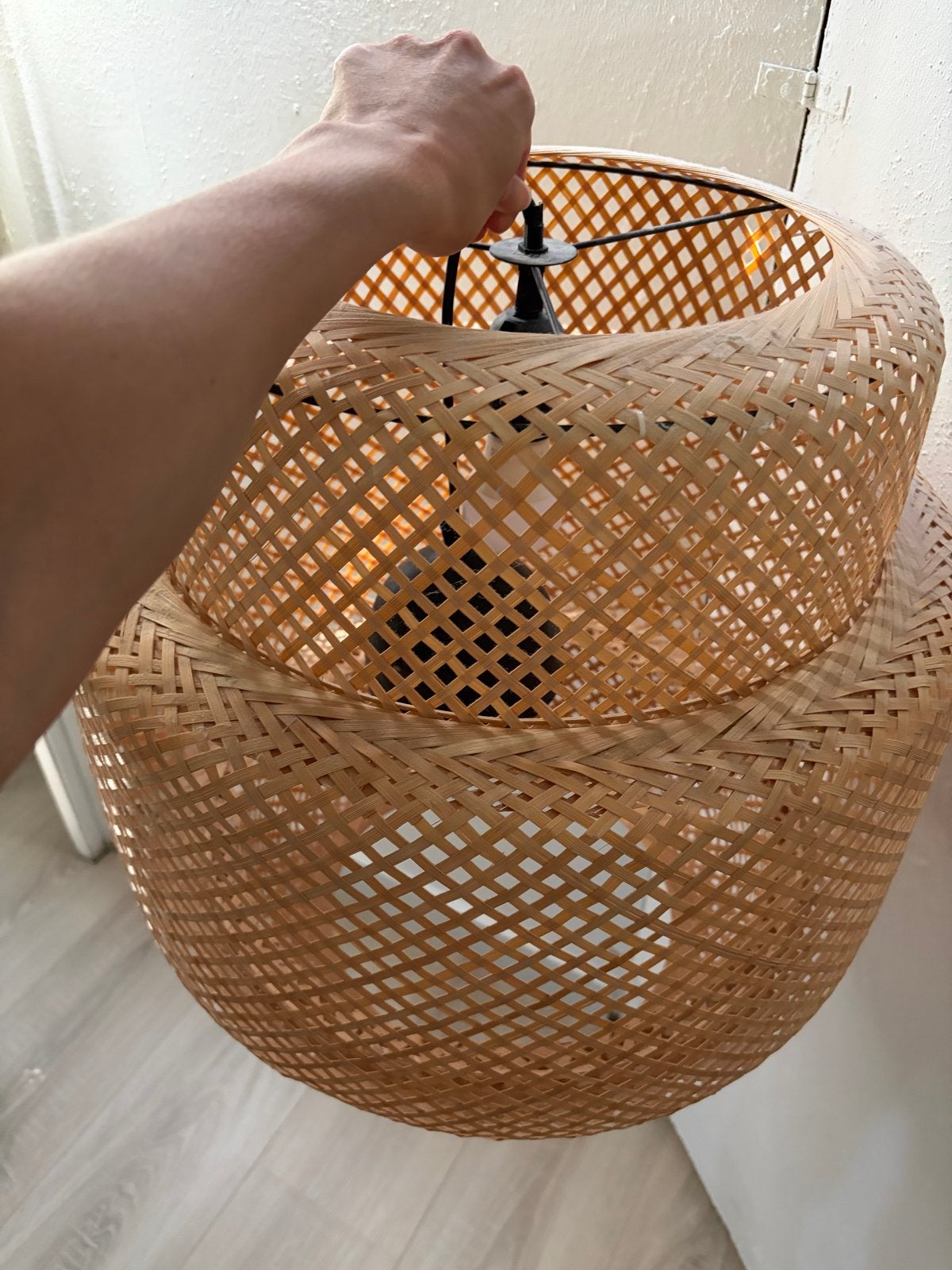 Stijlvolle bamboe hanglamp - Natuurlijke uitstraling, Natuurlijk materiaal, Beige, Rond, Zo goed als nieuw