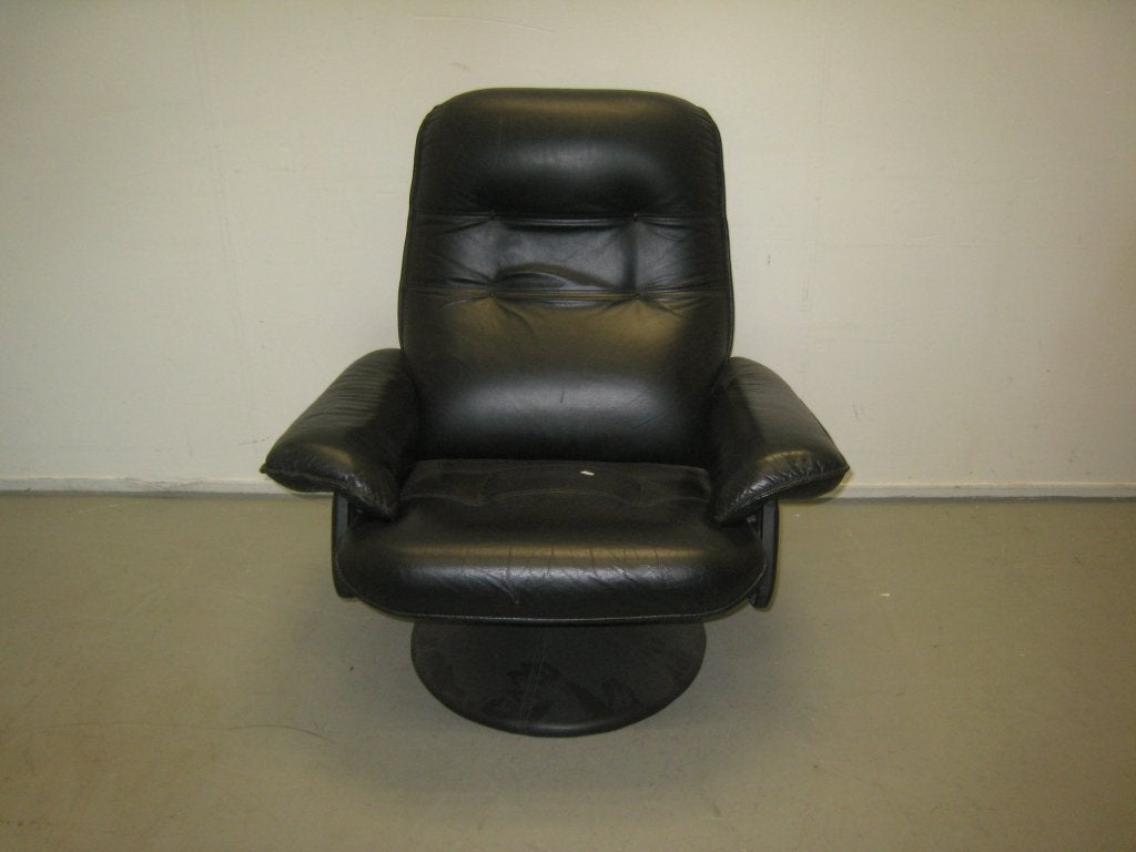 Vintage zwart leren Scandinavische draaifauteuil, Niet ingevuld, Gebruikt, Niet ingevuld, Niet ingevuld