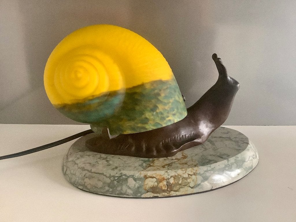 Lamp, bronzen slak op marmer met glazen slakkenhuis, Ophalen