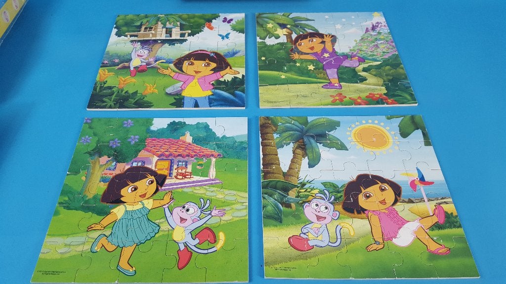 4 Houten puzzels Dora the Explorer in houten kistje. K13, Tweedehands verkoop, Tweedehands verkoop, Gebruikt, Geen@idee.nl