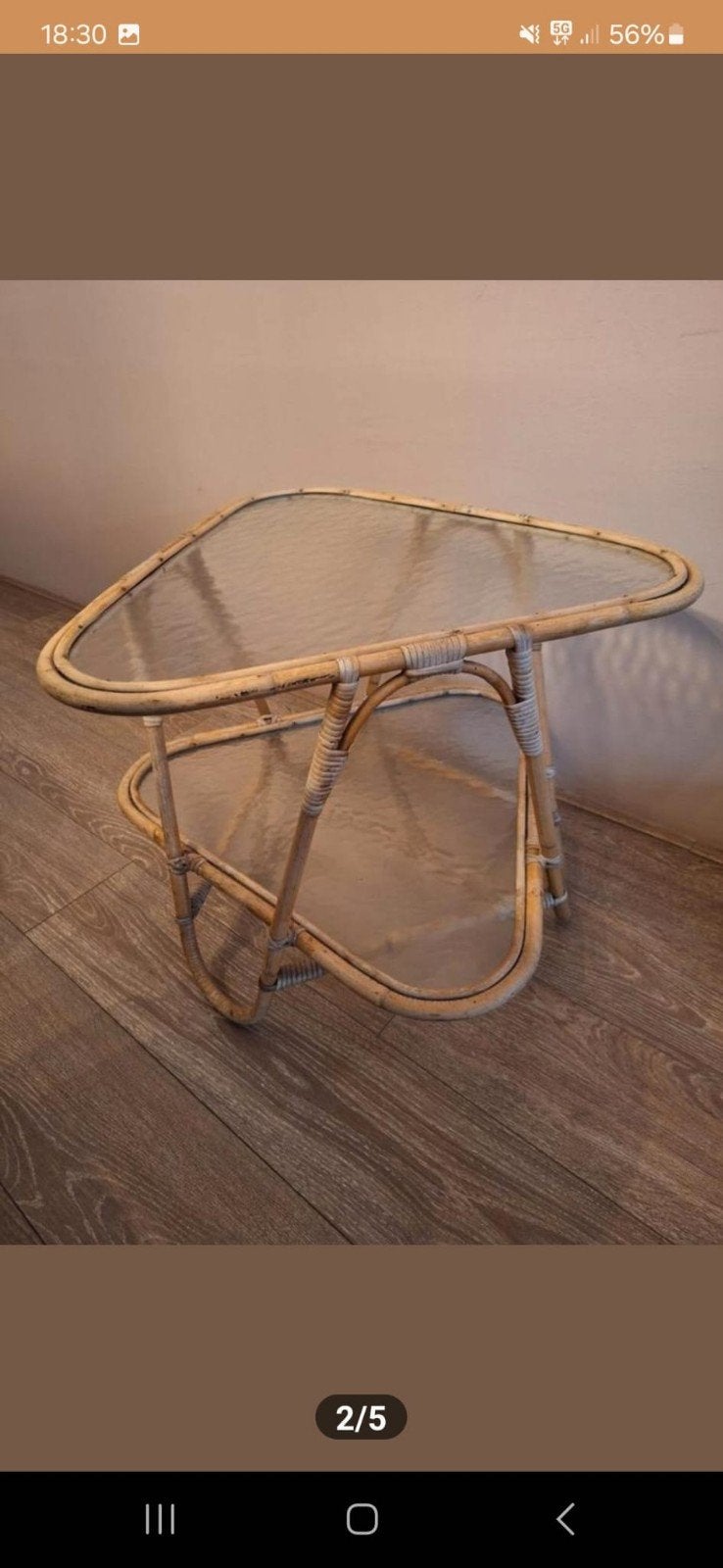 Rotan bamboe houten bijzettafel/salontafel met glasplaat, Gebruikt, 55 tot 75 cm, Overige vormen, Bohemian, Vintage, Rotan