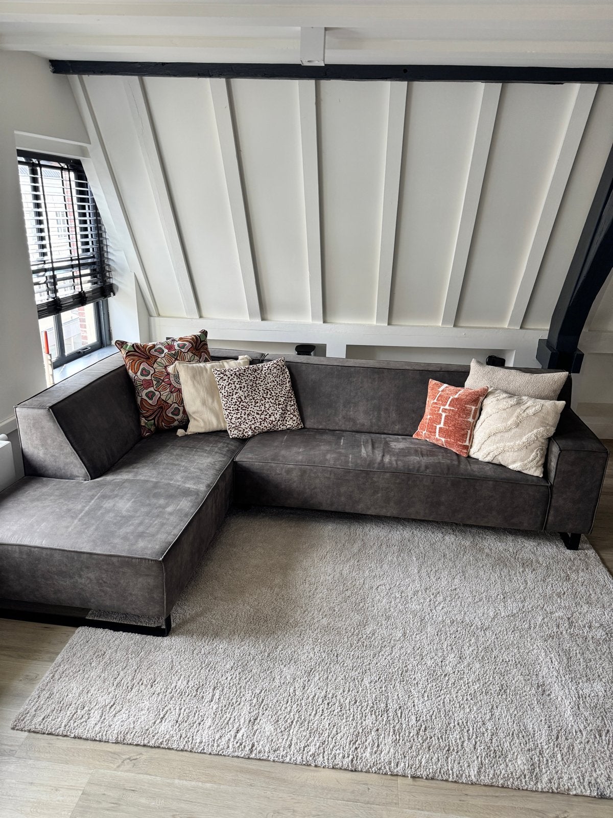 Moderne Hoekbank met Longchair - Grijs Stof, Ophalen, Gebruikt, Stof