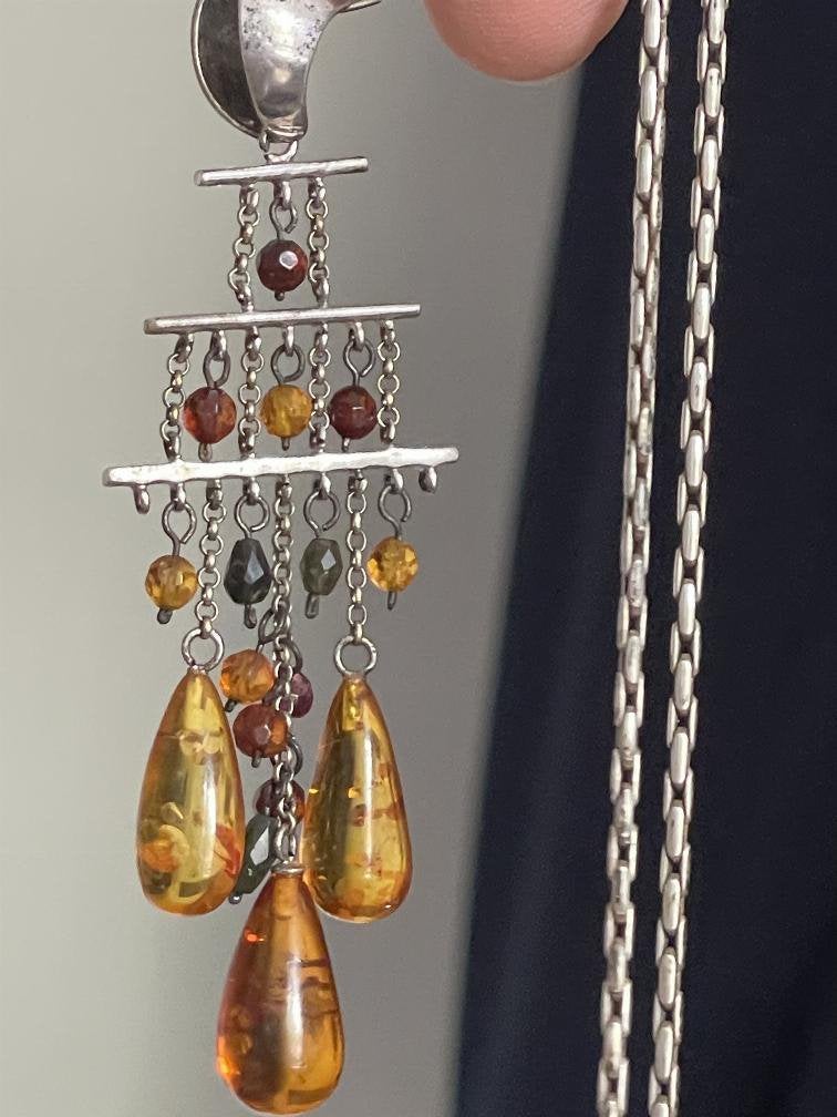 Prachtige zilveren vintageketting met barnsteen